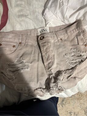 One Teaspoon Teased Distressed Denim Shorts in Light Mauve